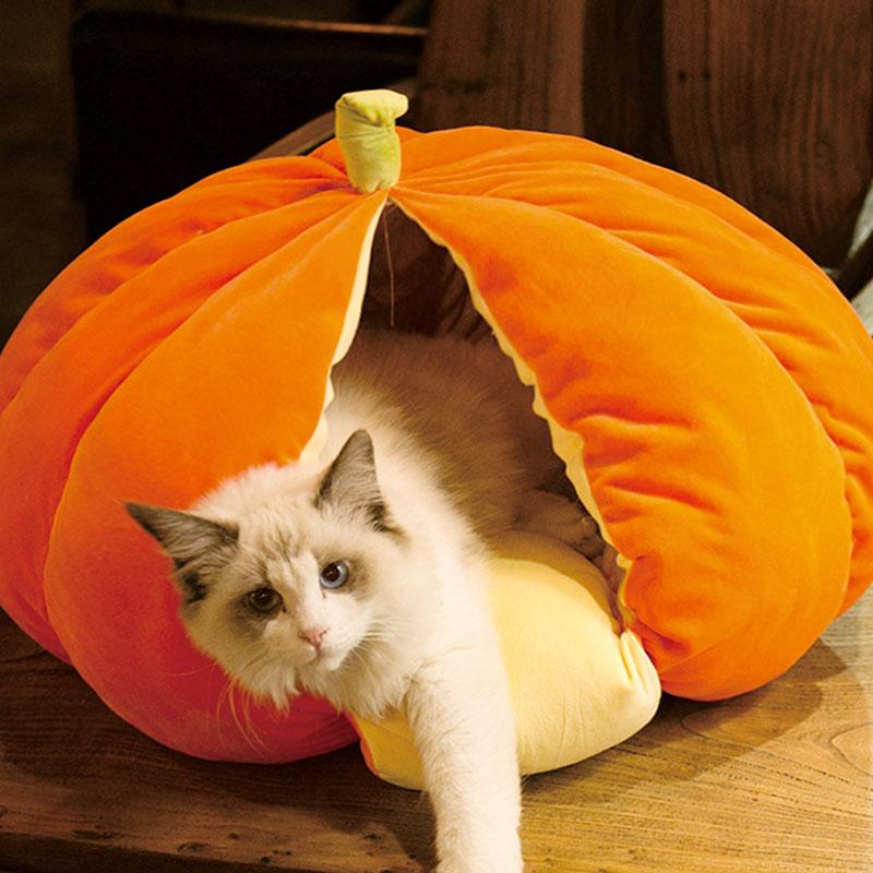 Pet Cat Dog Cute House Bed Mat Warm Soft Removeable Kennel Nest Pet Basket Halloween Funny Fruit Pumpkin House For Cat Dog Tent