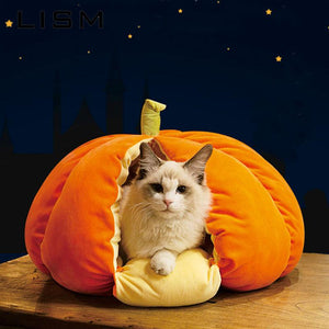 Pet Cat Dog Cute House Bed Mat Warm Soft Removeable Kennel Nest Pet Basket Halloween Funny Fruit Pumpkin House For Cat Dog Tent