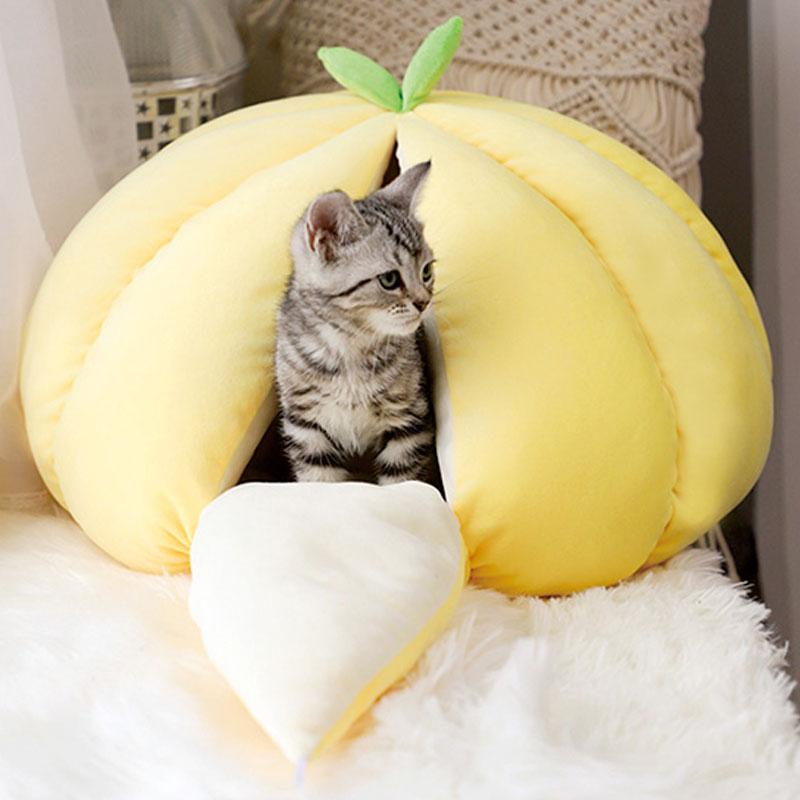 Pet Cat Dog Cute House Bed Mat Warm Soft Removeable Kennel Nest Pet Basket Halloween Funny Fruit Pumpkin House For Cat Dog Tent