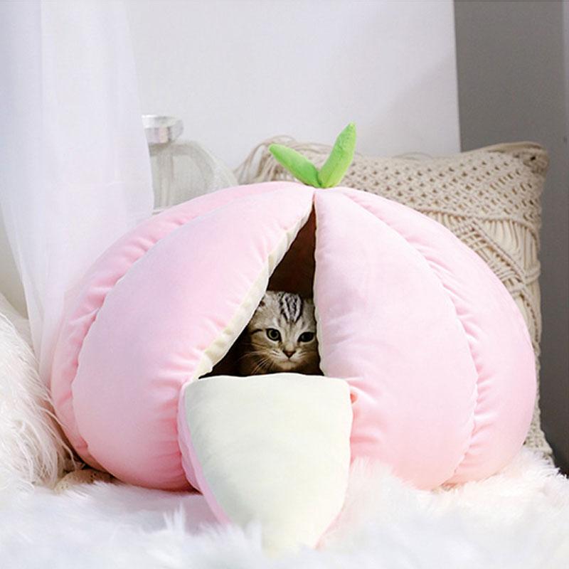 Pet Cat Dog Cute House Bed Mat Warm Soft Removeable Kennel Nest Pet Basket Halloween Funny Fruit Pumpkin House For Cat Dog Tent